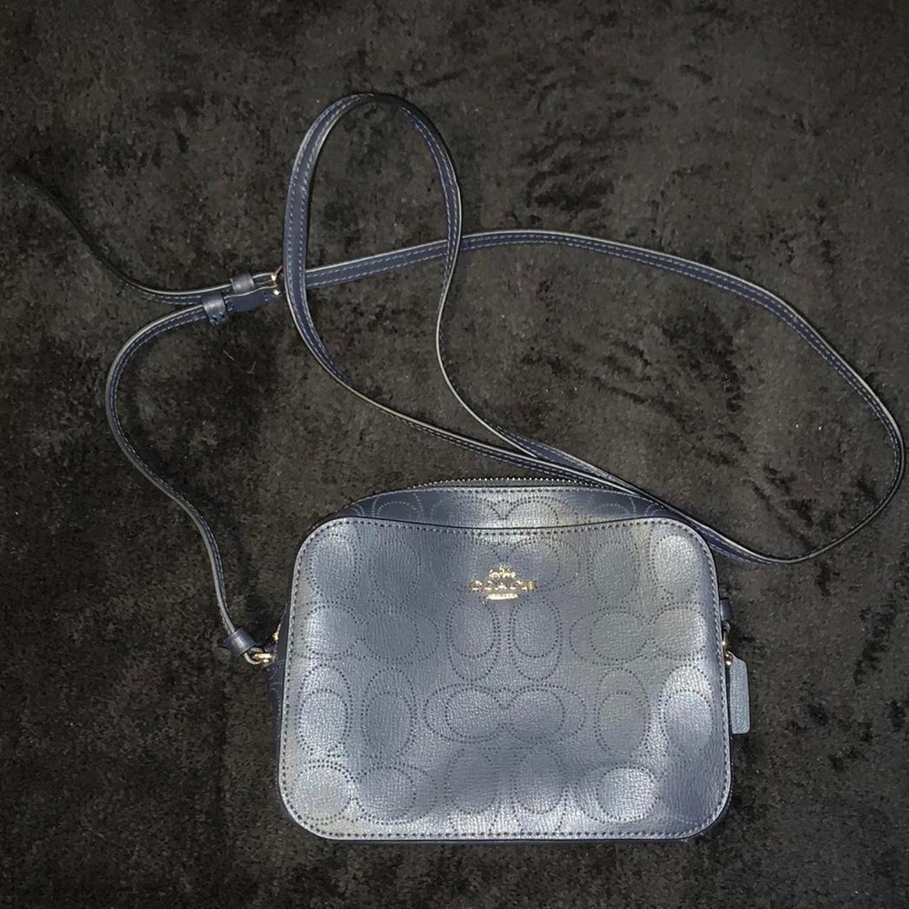 navy blue coach camera bag